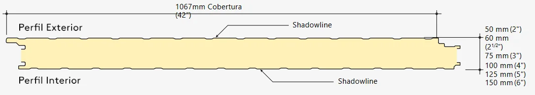 Medidas, espesores y diseño geométrico del panel KS Shadowline